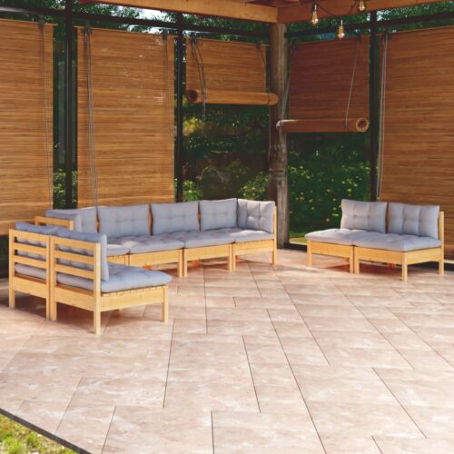 8-Piece Garden Lounge Set with Grey Cushions Pine Wood Outdoor Patio Furniture - Image 2