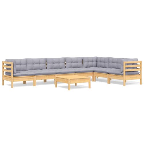 8-Piece Garden Lounge Set with Grey Cushions Pine Wood Outdoor Patio Furniture