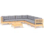 8-Piece Garden Lounge Set with Grey Cushions Pine Wood Outdoor Patio Furniture