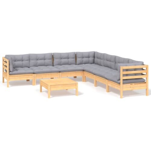 8-Piece Garden Lounge Set with Grey Cushions Pine Wood Outdoor Patio Furniture