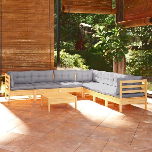 8-Piece Garden Lounge Set with Grey Cushions Pine Wood Outdoor Patio Furniture - Image 2