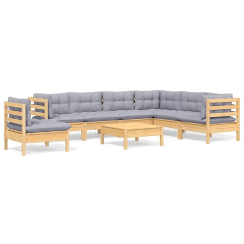 8-Piece Garden Lounge Set with Grey Cushions Pine Wood Outdoor Patio Furniture
