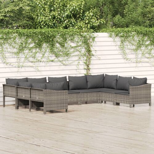 9-Piece Garden Lounge Set with Cushions Grey Poly Rattan Wicker Outdoor Patio Furniture - Image 2