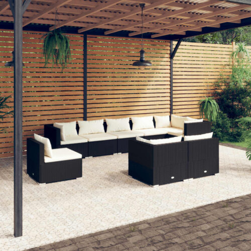 9-Piece Garden Lounge Set with Cushions Poly Rattan Wicker Outdoor Patio Furniture Black - Image 2
