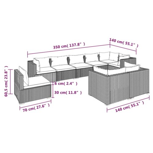 9-Piece Garden Lounge Set with Cushions Poly Rattan Wicker Outdoor Patio Furniture Black - Image 5