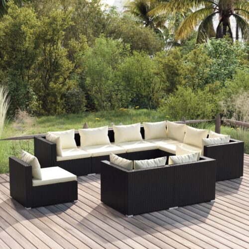 9-Piece Garden Lounge Set with Cushions Poly Rattan Wicker Outdoor Patio Furniture Black - Image 2