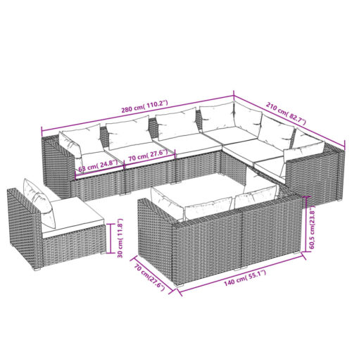 9-Piece Garden Lounge Set with Cushions Poly Rattan Wicker Outdoor Patio Furniture Black - Image 5