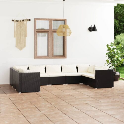9-Piece Garden Lounge Set with Cushions Poly Rattan Wicker Outdoor Patio Furniture Black - Image 2