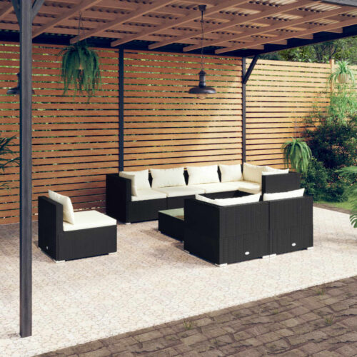 9-Piece Garden Lounge Set with Cushions Poly Rattan Wicker Outdoor Patio Furniture Black - Image 2