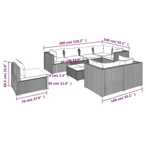 9-Piece Garden Lounge Set with Cushions Poly Rattan Wicker Outdoor Patio Furniture Black - Image 6