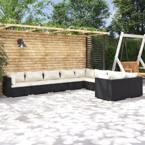 9-Piece Garden Lounge Set with Cushions Poly Rattan Wicker Outdoor Patio Furniture Black - Image 2