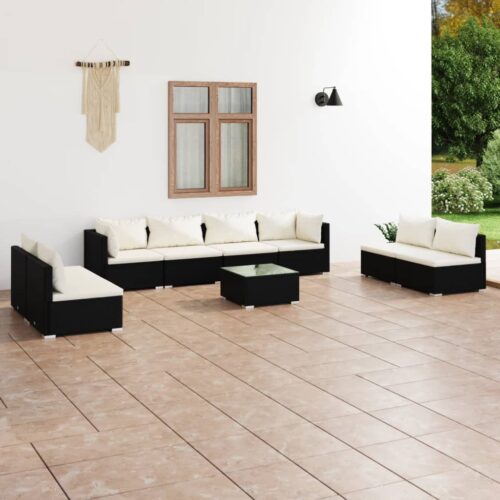 9-Piece Garden Lounge Set with Cushions Poly Rattan Wicker Outdoor Patio Furniture Black - Image 2