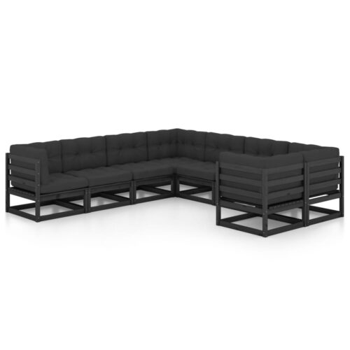 8-Piece Garden Lounge Set with Cushions Black Pine Wood Outdoor Patio Furniture