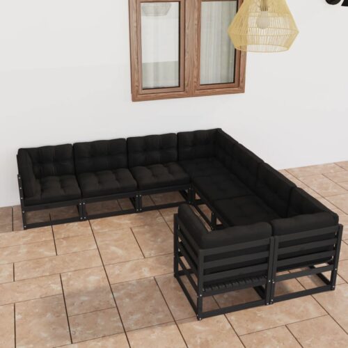 8-Piece Garden Lounge Set with Cushions Black Pine Wood Outdoor Patio Furniture - Image 2