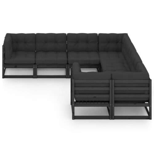 8-Piece Garden Lounge Set with Cushions Black Pine Wood Outdoor Patio Furniture - Image 3