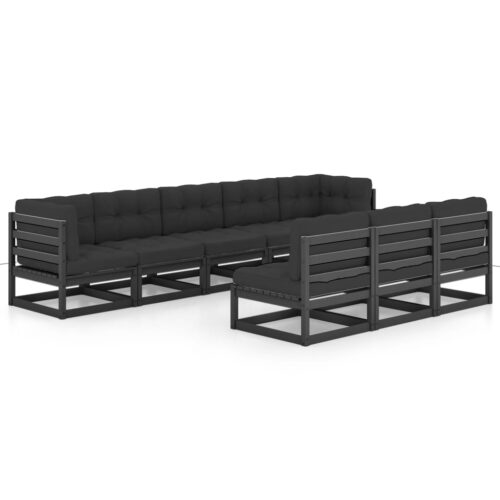8-Piece Garden Lounge Set with Cushions Black Pine Wood Outdoor Patio Furniture