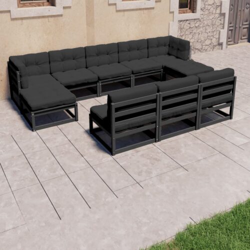 8-Piece Garden Lounge Set with Cushions Black Pine Wood Outdoor Patio Furniture - Image 2