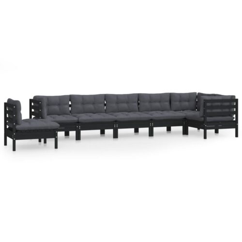 8-Piece Garden Lounge Set with Cushions Black Pine Wood Outdoor Patio Furniture