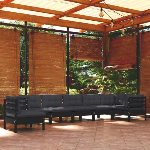 8-Piece Garden Lounge Set with Cushions Black Pine Wood Outdoor Patio Furniture - Image 2