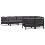 8-Piece Garden Lounge Set with Cushions Black Pine Wood Outdoor Patio Furniture