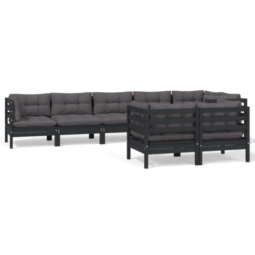 8-Piece Garden Lounge Set with Cushions Black Pine Wood Outdoor Patio Furniture