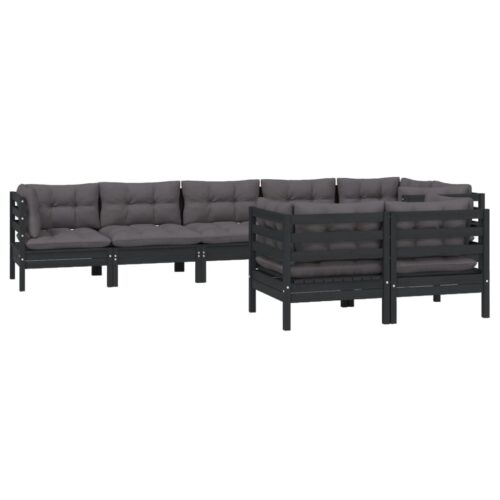 8-Piece Garden Lounge Set with Cushions Black Pine Wood Outdoor Patio Furniture - Image 3
