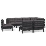 8-Piece Garden Lounge Set with Cushions Black Pine Wood Outdoor Patio Furniture