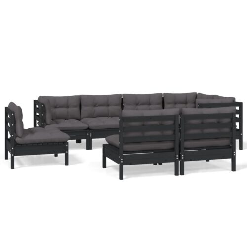 8-Piece Garden Lounge Set with Cushions Black Pine Wood Outdoor Patio Furniture