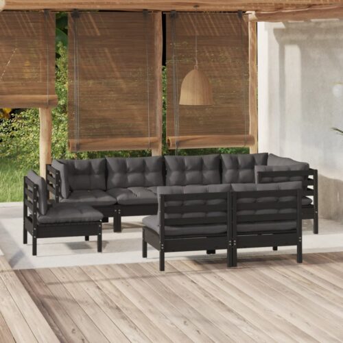 8-Piece Garden Lounge Set with Cushions Black Pine Wood Outdoor Patio Furniture - Image 2
