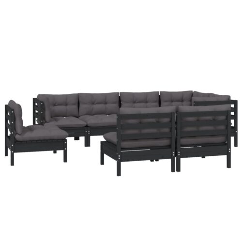 8-Piece Garden Lounge Set with Cushions Black Pine Wood Outdoor Patio Furniture - Image 3
