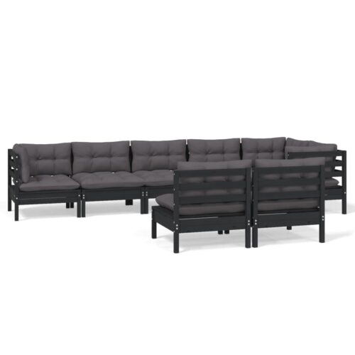 8-Piece Garden Lounge Set with Cushions Black Pine Wood Outdoor Patio Furniture