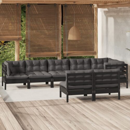 8-Piece Garden Lounge Set with Cushions Black Pine Wood Outdoor Patio Furniture - Image 2