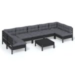 8-Piece Garden Lounge Set with Cushions Black Pine Wood Outdoor Patio Furniture