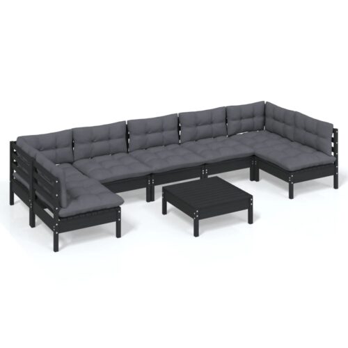 8-Piece Garden Lounge Set with Cushions Black Pine Wood Outdoor Patio Furniture