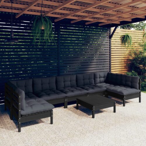 8-Piece Garden Lounge Set with Cushions Black Pine Wood Outdoor Patio Furniture - Image 2