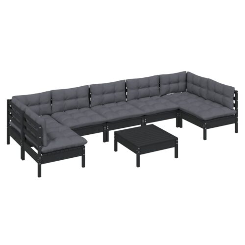 8-Piece Garden Lounge Set with Cushions Black Pine Wood Outdoor Patio Furniture - Image 3