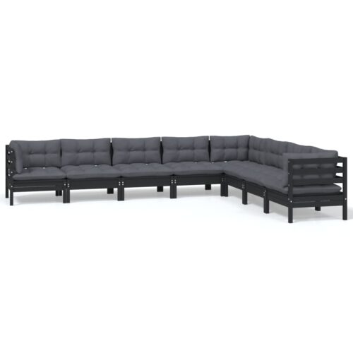 8-Piece Garden Lounge Set with Cushions Black Pine Wood Outdoor Patio Furniture