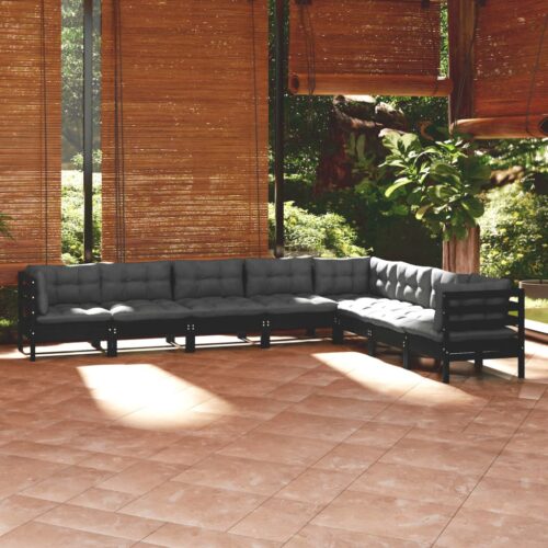 8-Piece Garden Lounge Set with Cushions Black Pine Wood Outdoor Patio Furniture - Image 2