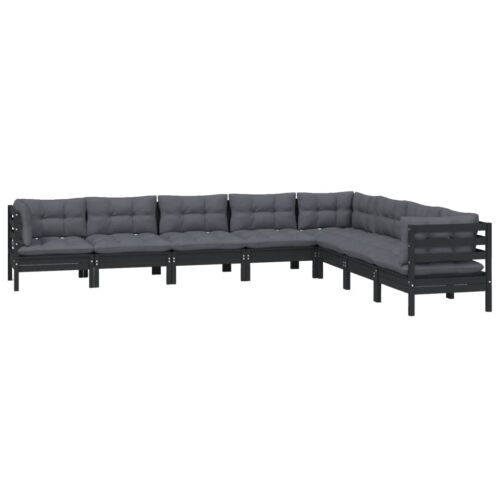 8-Piece Garden Lounge Set with Cushions Black Pine Wood Outdoor Patio Furniture - Image 3