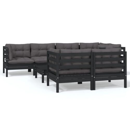 8-Piece Garden Lounge Set with Cushions Black Pine Wood Outdoor Patio Furniture