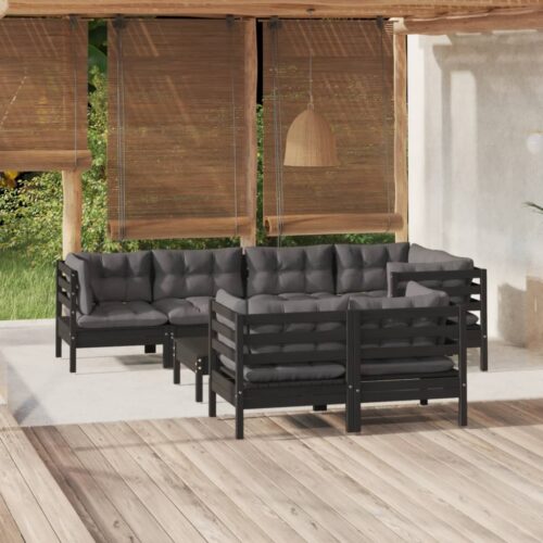 8-Piece Garden Lounge Set with Cushions Black Pine Wood Outdoor Patio Furniture - Image 2