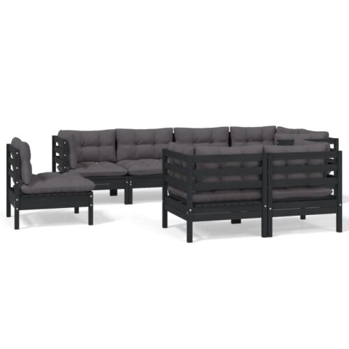 8-Piece Garden Lounge Set with Cushions Black Pine Wood Outdoor Patio Furniture