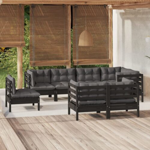 8-Piece Garden Lounge Set with Cushions Black Pine Wood Outdoor Patio Furniture - Image 2