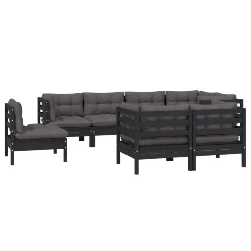 8-Piece Garden Lounge Set with Cushions Black Pine Wood Outdoor Patio Furniture - Image 3