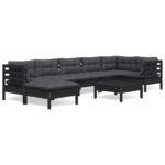 8-Piece Garden Lounge Set with Cushions Black Pine Wood Outdoor Patio Furniture