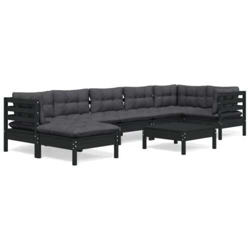 8-Piece Garden Lounge Set with Cushions Black Pine Wood Outdoor Patio Furniture