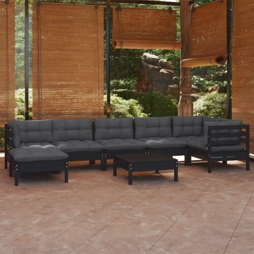8-Piece Garden Lounge Set with Cushions Black Pine Wood Outdoor Patio Furniture - Image 2