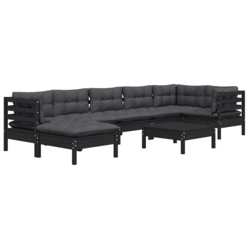 8-Piece Garden Lounge Set with Cushions Black Pine Wood Outdoor Patio Furniture - Image 3