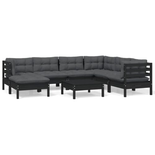 8-Piece Garden Lounge Set with Cushions Black Pine Wood Outdoor Patio Furniture