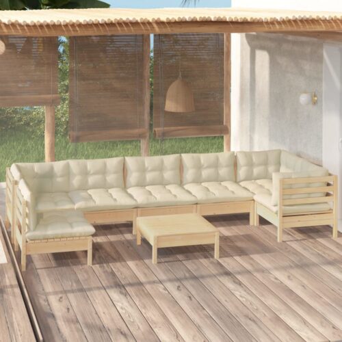 8-Piece Garden Lounge Set with Cream Cushions Pine Wood Outdoor Patio Furniture - Image 2